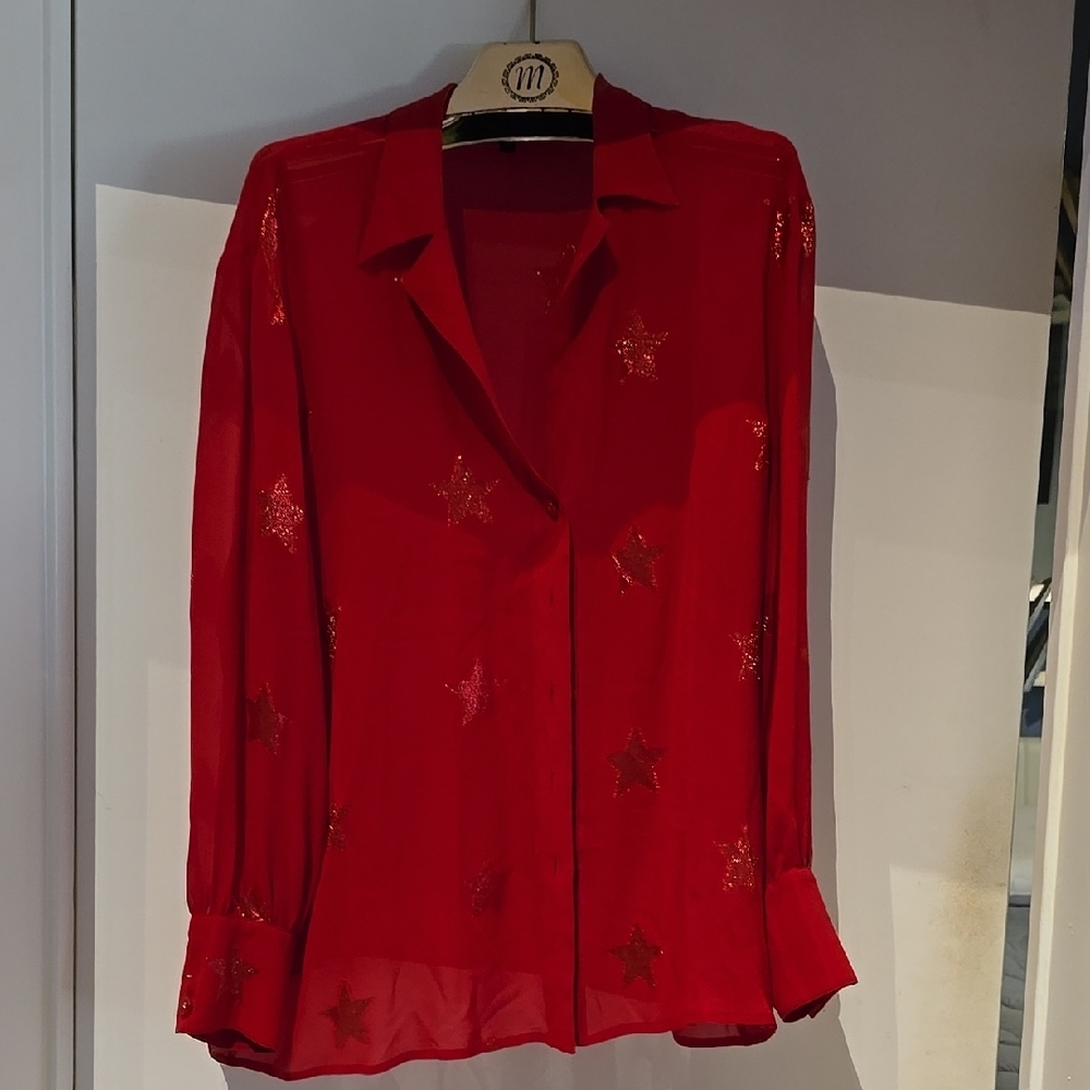 Red Boxy Button Down Shirt with Notched Collar